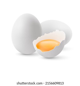 Fresh Organic Chicken Eggs on White Background. The Egg is half Broken in the Shell, Among the Other Two Large White Eggs