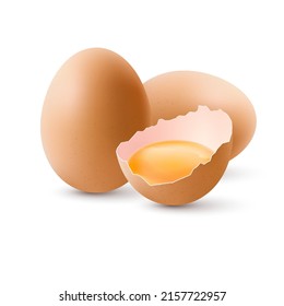 Fresh Organic Chicken Eggs on White Background. The Egg is half Broken in the Shell, Among the Other Two Large Brown Eggs