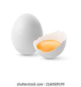 Fresh Organic Chicken Eggs on White Background. Broken and Whole White Chicken Eggs