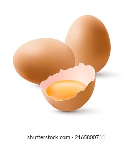 Fresh Organic Chicken Eggs on White Background. The Egg is half Broken Among the other Two Large Brown Eggs