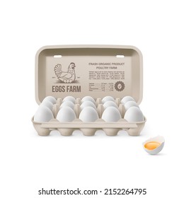 Fresh Organic Chicken Eggs in Open Carton Pack, or Egg Container Isolated on White Background. Fifteen Large Eggs from Eggs Farm in Brand Pack