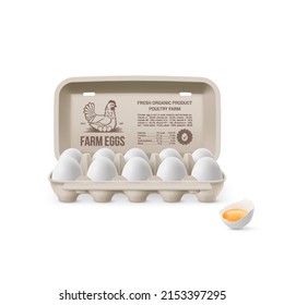 Fresh Organic Chicken Eggs in Open Carton Pack, or Egg Container Isolated on White Background. Ten Large Eggs from Eggs Farm in Brand Pack