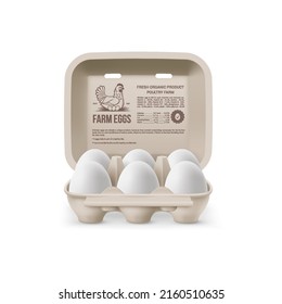 Fresh Organic Chicken Eggs in Open Carton Pack, or Egg Container Isolated on White Background. Six Large White Eggs from Farm in Brand Pack