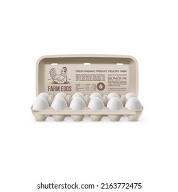 Fresh Organic Chicken Eggs in Open Carton Pack, or Egg Container Isolated on White Background. Twelve White Large Eggs from Farm in Brand Pack