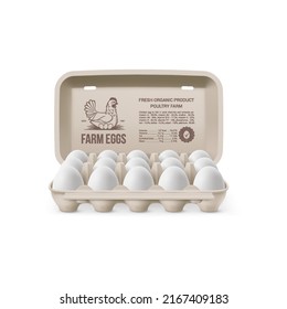 Fresh Organic Chicken Eggs in Open Carton Pack, or Egg Container Isolated on White Backdrop. Fifteen Large Eggs from Eggs Farm in Brand Pack