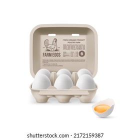 Fresh Organic Chicken Eggs in Open Carton Pack, or Egg Container Isolated on White Background. Six Large Eggs from Eggs Farm in Brand Pack