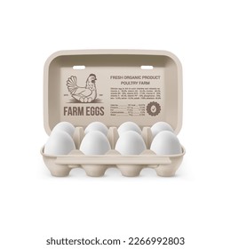 Fresh Organic Chicken Eggs in Open Carton Pack, or Egg Container Isolated on White Background. Eight White Large Eggs from Farm in Brand Pack