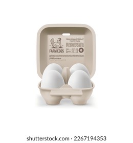 Fresh Organic Chicken Eggs in Open Carton Pack, or Egg Container Isolated on White Background. Four Large White Eggs from Farm in Brand Pack