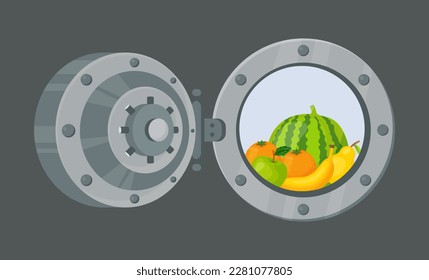 Fresh organic food behind metal door vector illustration. Cartoon drawing of fruits in vault or safe, shortage and preservation of products. Food crisis, conservation, protection concept