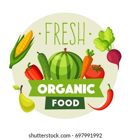 Fresh organic food. Eco vegetables and fruits. Cartoon vector illustration.