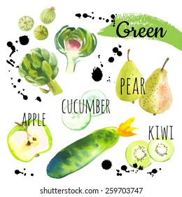 Fresh organic food. Set of different fruits, vegetables and berries: gooseberry, pear, artichoke, apple, kiwi & cucumber. Simple painting sketch in vector format. Green set.