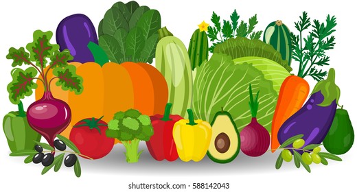Fresh organic food. Set of vegetarian food . Vector vegetarian organic healthy food cuisine. organic natural realistic vegetable. Veggie Lover Elements