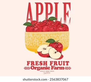 Fresh organic fruit artwork for for t-shirt. Fruit vintage t-shirt design. Apple poster design. Apple fruit artwork. Fresh apple fruit print. Ceramics bowl design.