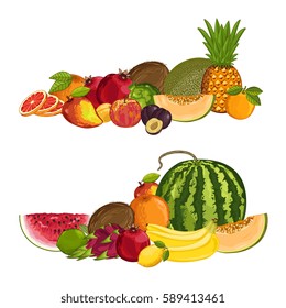 Fresh organic fruit composition isolated vector illustration. Harvest juicy fruit, vegetarian delicious nutrition, organic healthy diet. Pineapple, melon, orange, watermelon, plum, apple, coconut