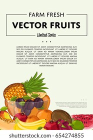 Fresh organic fruit poster vector illustration. Natural product, juicy fruit, vegetarian delicious nutrition, organic healthy food. Watermelon, plum, banana, pomegranate, lime, coconut, apple, orange