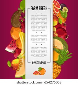 Fresh organic fruit poster vector illustration. Natural product, juicy fruit, vegetarian delicious nutrition, organic healthy food. Pineapple, melon, banana, pomegranate, peach, coconut, apple, orange