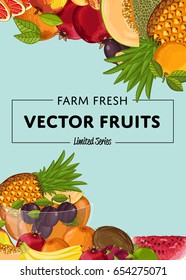Fresh organic fruit poster vector illustration. Natural product, juicy fruit, healthy nutrition, organic farming, vegan food. Pineapple, melon, pomegranate, peach, coconut, apple, watermelon, plum