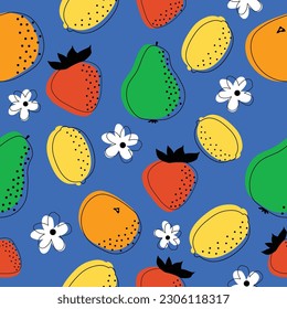 Fresh organic fruit seamless fabric pattern. Texture with bio summer strawberry, pear, orange, flowers and lemmon.