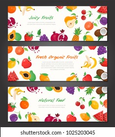 Fresh organic fruit - set of modern colorful vector illustrations with place for your text. A collection of three high quality templates with banana, watermelon, cherry, apple, grape, coconut, lemon