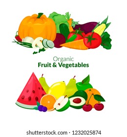 Fresh organic fruit and vegetables composition. Cartoon vector illustration