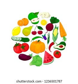 Fresh organic fruit and vegetables composition. Cartoon vector illustration