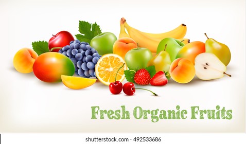 Fresh Organic Fruits And Berries Isolated On White Background. Vector