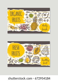 Fresh organic fruits brochure flyer design. Retro background. Hand drawn vector illustration. Can be used for festival, farmers market, shop, menu, cafe, restaurant, poster, banner, placard.