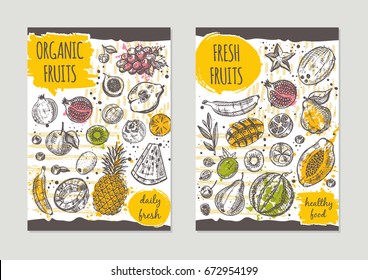 Fresh organic fruits brochure flyer design. Retro background. Hand drawn vector illustration. Can be used for festival, farmers market, shop, menu, cafe, restaurant, poster, banner, placard.