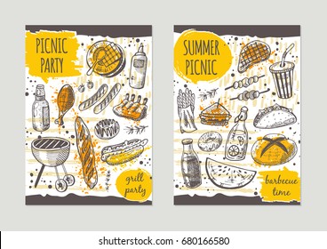 Fresh organic fruits brochure flyer design. Retro background. Hand drawn vector illustration. Can be used for poster, banner, sticker, label, badge, placard.