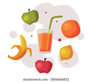 Fresh Organic Fruits and Glass of Juice, Useful Food, Products with Health Benefits, Healthy Diet Concept Cartoon Style Vector Illustration