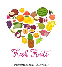 Fresh organic fruits and natural berry food farm harvest vector heart poster