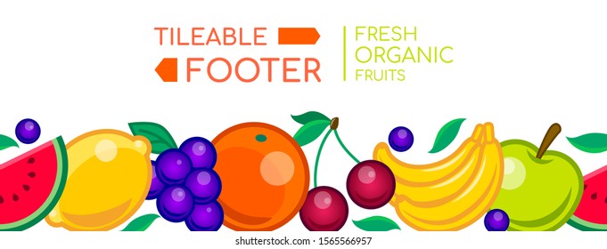 Fresh organic fruits - vector realistic seamless web footer with a set of products and place for headline. Tileable border with colorful images of a banana, cherry, lemon, grape, watermelon, apple