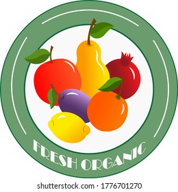 Fresh organic fruits. Vector stylized drawing. Fruits with a logo icon for shops, farms, packaging and tags.