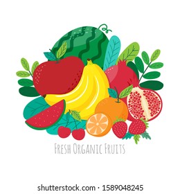 Fresh organic fruits, Watermelon, Banana, Apple, Pomegranate, Orange, Cherry, Strawberry and leaf on white background. Vector illustration.