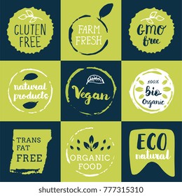 Fresh, organic, gluten free, 100% bio, premium quality, locally grown, healthy food natural products, farm fresh stickers. Vector menu organic labels, food products packaging bio emblems set.