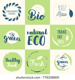 Fresh, organic, gluten free, 100% bio, premium quality, locally grown, healthy food natural products, farm fresh stickers. Vector menu organic labels, food products packaging bio emblems set.