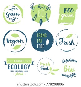 Fresh, organic, gluten free, 100% bio, premium quality, locally grown, healthy food natural products, farm fresh stickers. Vector menu organic labels, food products packaging bio emblems set.