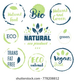 Fresh, organic, gluten free, 100% bio, premium quality, locally grown, healthy food natural products, farm fresh stickers. Vector menu organic labels, food products packaging bio emblems set.