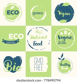 Fresh, organic, gluten free, 100% bio, premium quality, locally grown, healthy food natural products, farm fresh stickers. Vector menu organic labels, food products packaging bio emblems set.