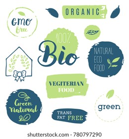 Fresh, organic, gluten free, 100% bio, premium quality, locally grown, healthy food natural products, farm fresh stickers. Vector menu organic labels, food products packaging bio emblems set.