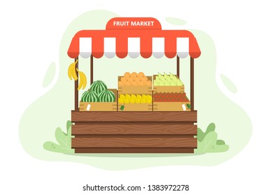 Fresh organic harvest from farm. Vegetable market concept. Grocery store. Tent with vegetables. Isolated vector cartoon illustration