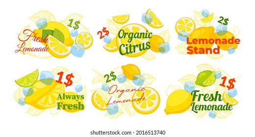 Fresh organic lemonade stand with low price, vector illustration. Natural drink from lemon, promotion banner with fresh juice. Isolated on white juicy citrus fruit with cold ice set.