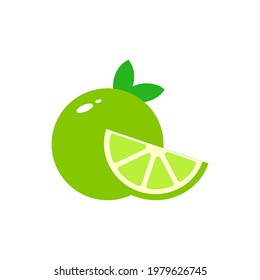 Fresh organic lime with slice and green leaves isolated on white background. (The best drinks in summer, lemonade, soft drinks, cocktails)
