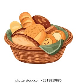 Fresh organic meal, bread, snack in a basket icon isolated