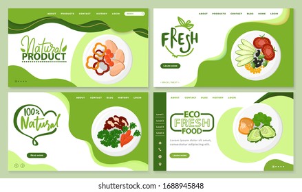 Fresh and organic meal, dietary menu for vegetarians. Vegan meal, cucumber and broccoli. Cucumber and tomatoes slices on plates. Website or webpage template, landing page, vector in flat style