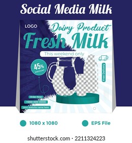 Fresh organic milk dairy product social media post design or pure online product sale promotional editable web banner template design