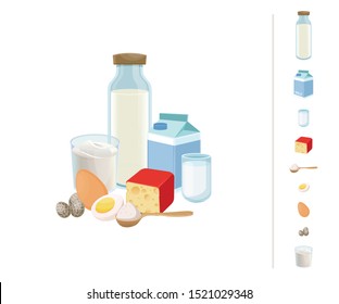 Fresh organic milk products set with cheese, milk and butter. Vector illustration