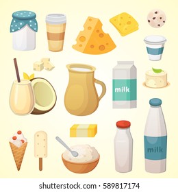 Fresh organic milk products set with cheese, butter, coffee, sour cream and ice cream