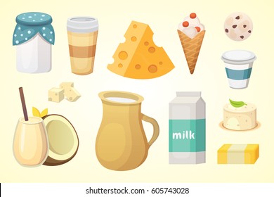 Fresh organic milk products set with cheese, butter, coffee, sour cream and ice cream.