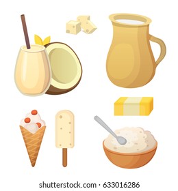 Fresh organic milk products set with cheese, butter, coffee, sour cream and ice cream.